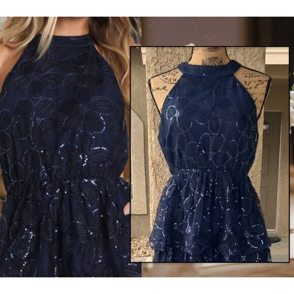 Lulus Navy Blue Sequins Floral Tiered Halter Midi Dress Size M - Picture 3 of 11